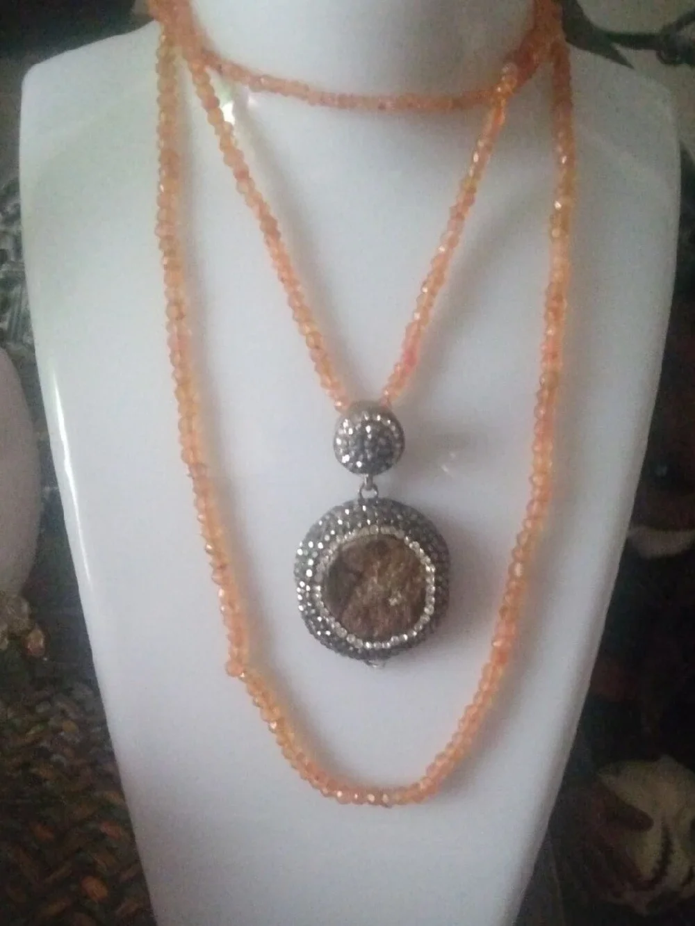 Orange Beaded Pendant Necklace with Decorative Silver-Tone Accent